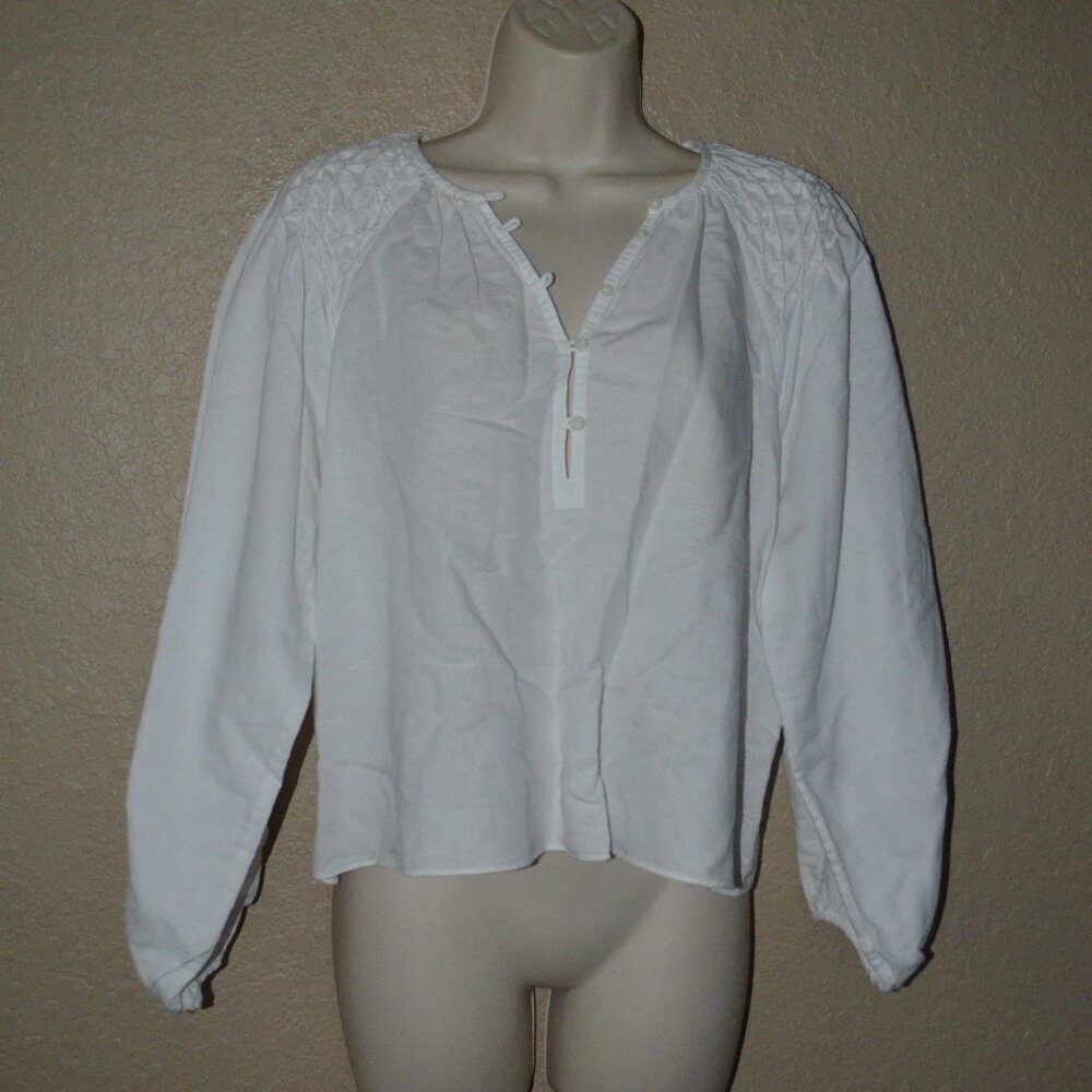 Sz 1 S The Great. White Linen Blend Long Sleeve Blouse